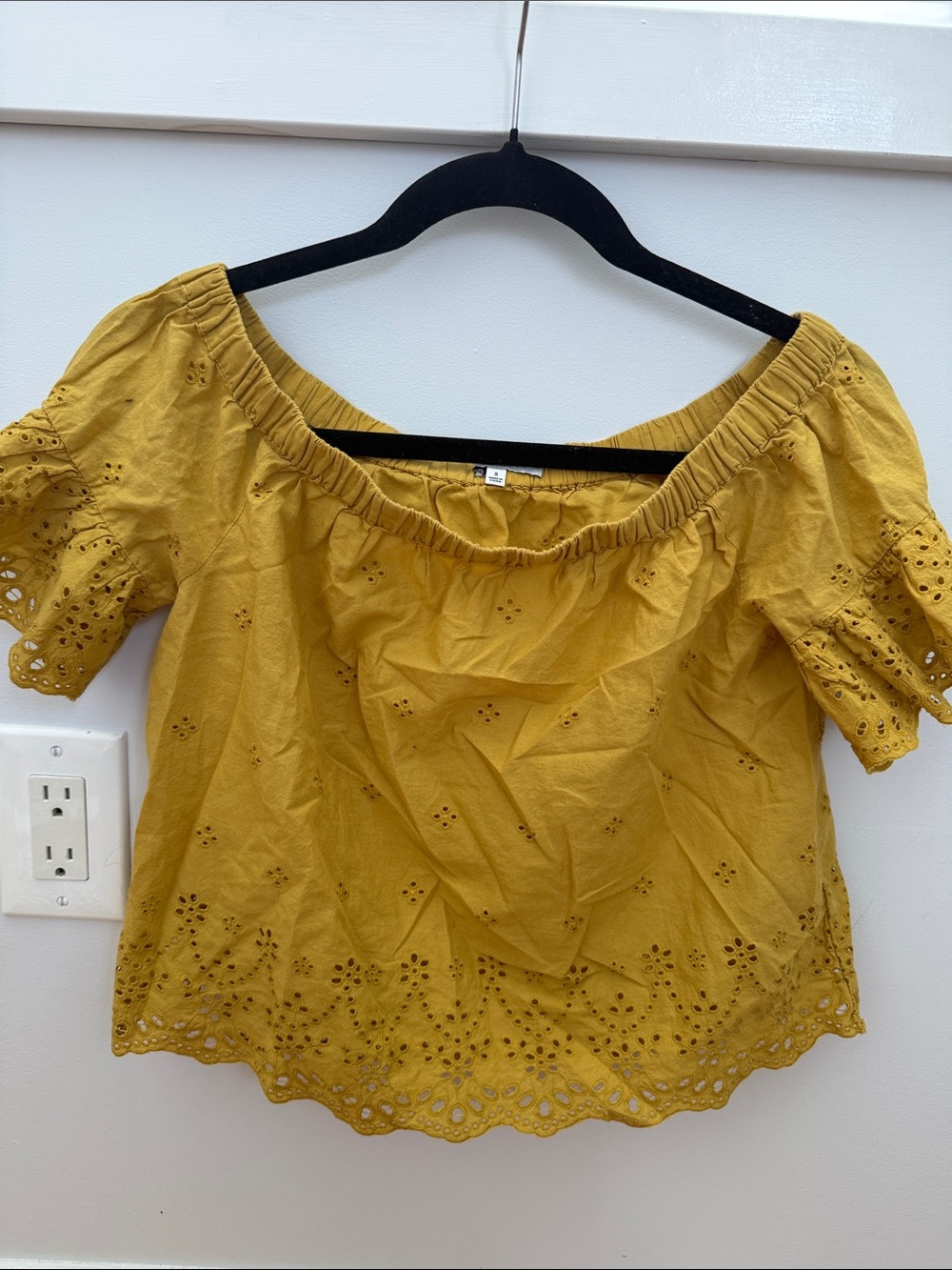 Madewell Mustard Yellow Eyelet Off-Shoulder Crop Top